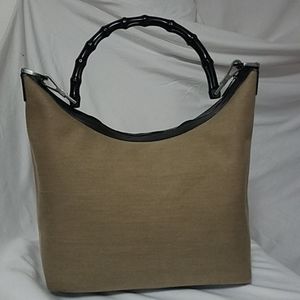 Gucci Bamboo Handle Tan Canvas Bag